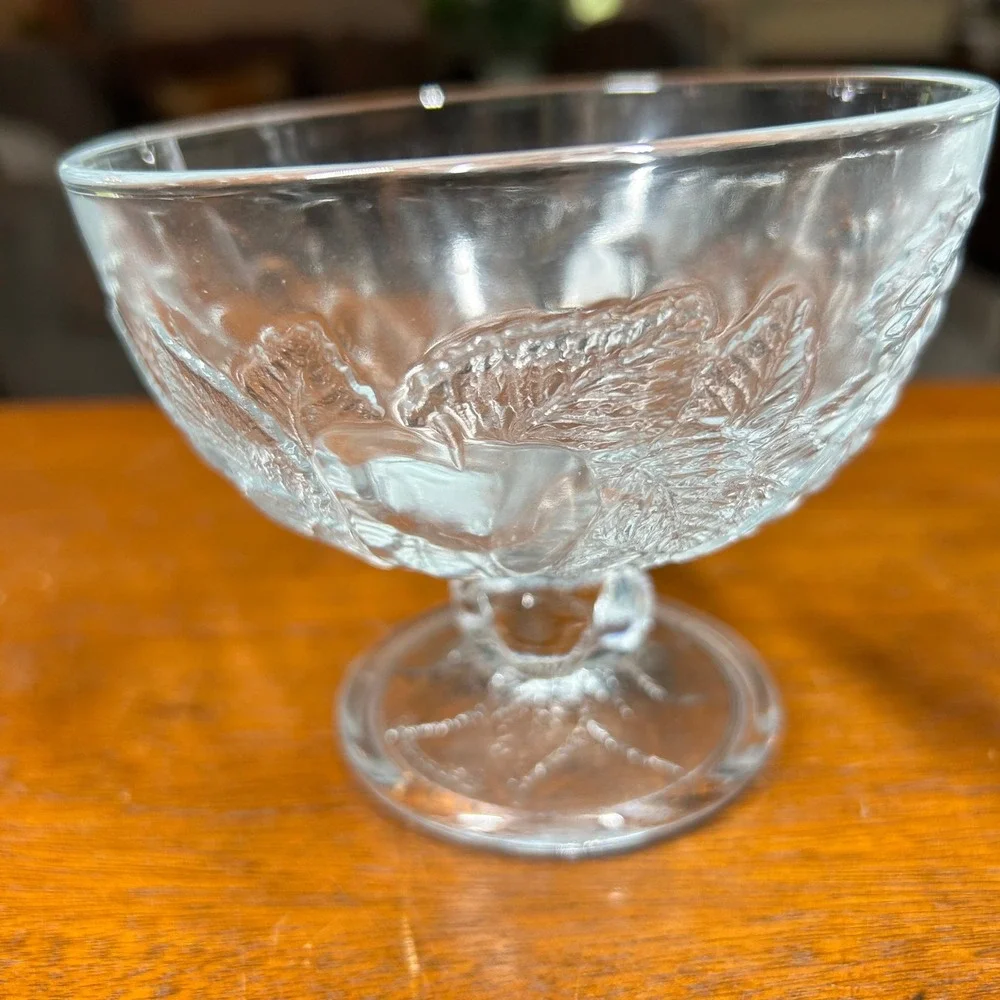 Vintage Clear Pressed Glass Fruit Embossed Footed Dessert Bowls Set of 2